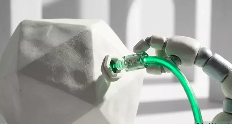 A robotic hand plugging a glowing green cable into a white block
